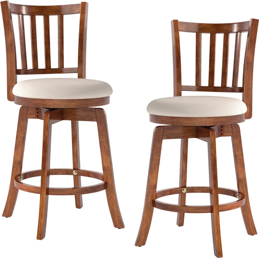 Set of 2 360° rotating counter height chairs with upholstered seats and backrests in solid rubberwood for kitchen or.