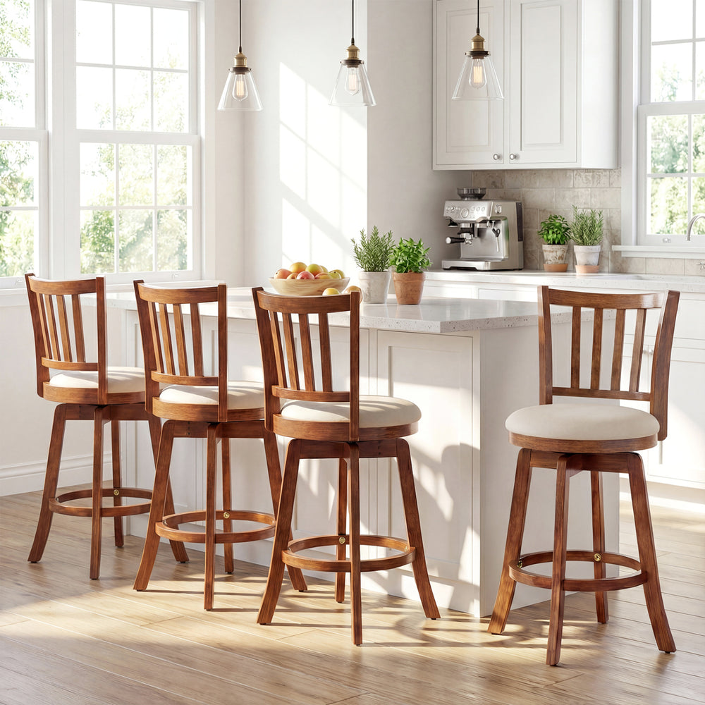 Set of 360° rotating counter height chairs with upholstered seats and backrests, perfect for kitchen or bar use.