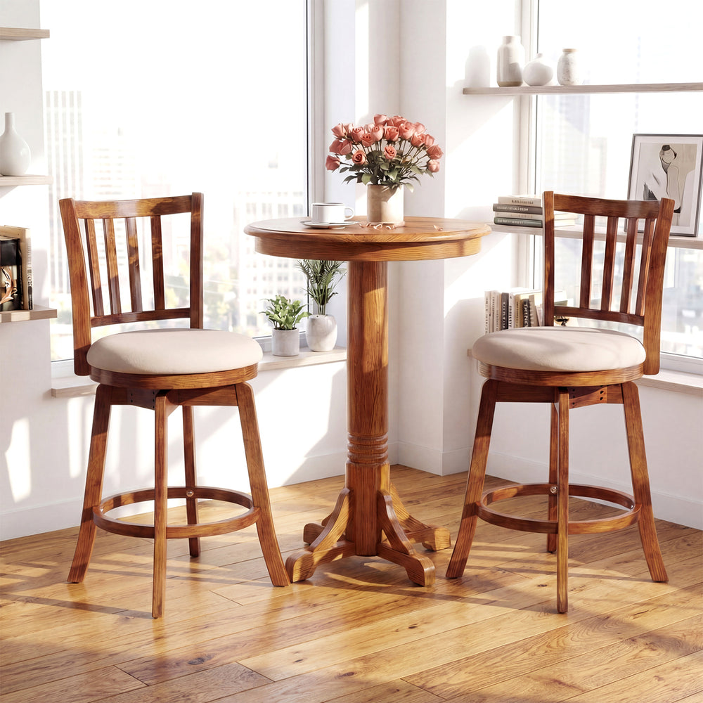 Counter height chairs set of 2 with upholstered seats and backrests, featuring a 360° swivel for easy movement.