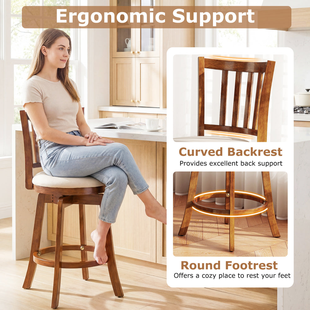 Curved backrest and round footrest of 360° rotating counter height chair set for optimal comfort and support.