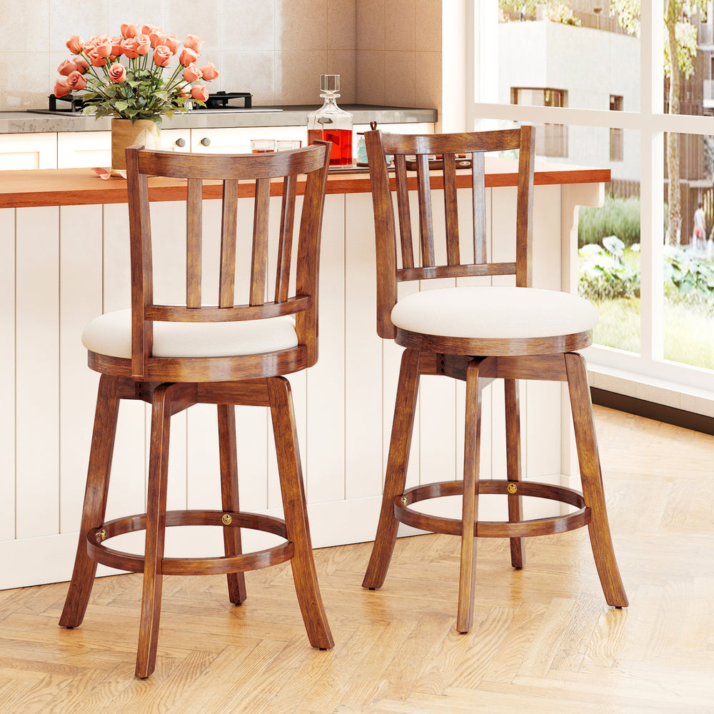 Set of 2 360° rotating counter height chairs with backrest, upholstered seat, and solid rubberwood construction for.
