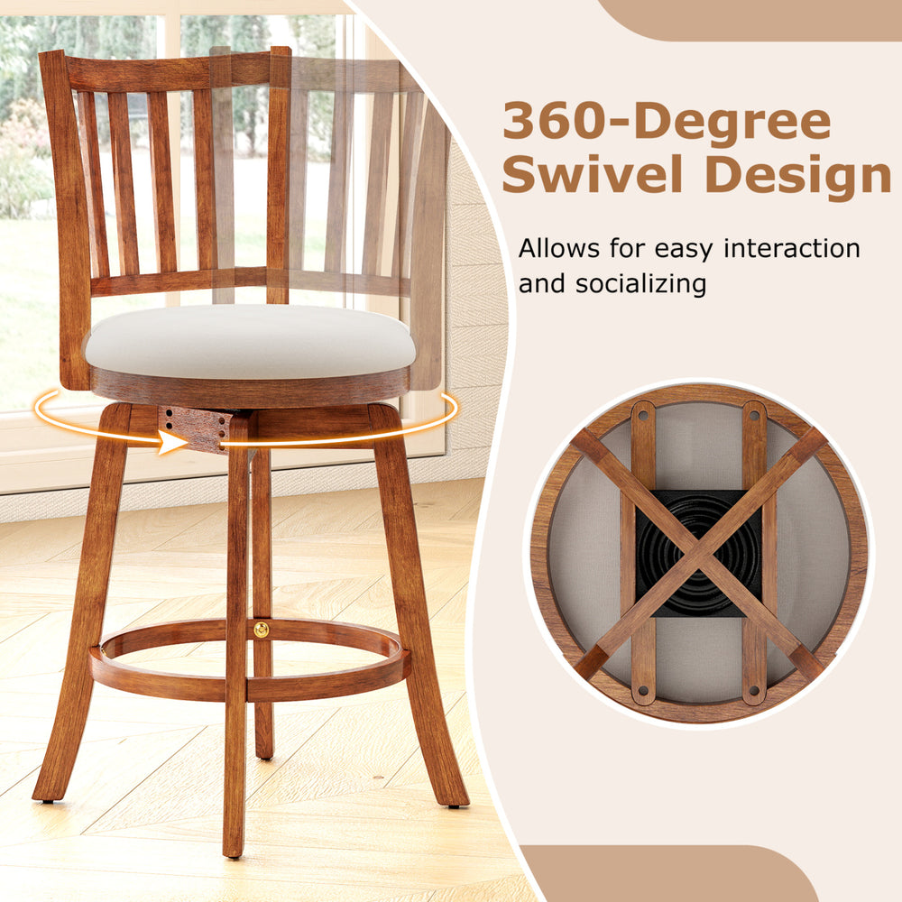 360° rotating counter height chair with backrest and upholstered seat, featuring solid rubberwood construction for.