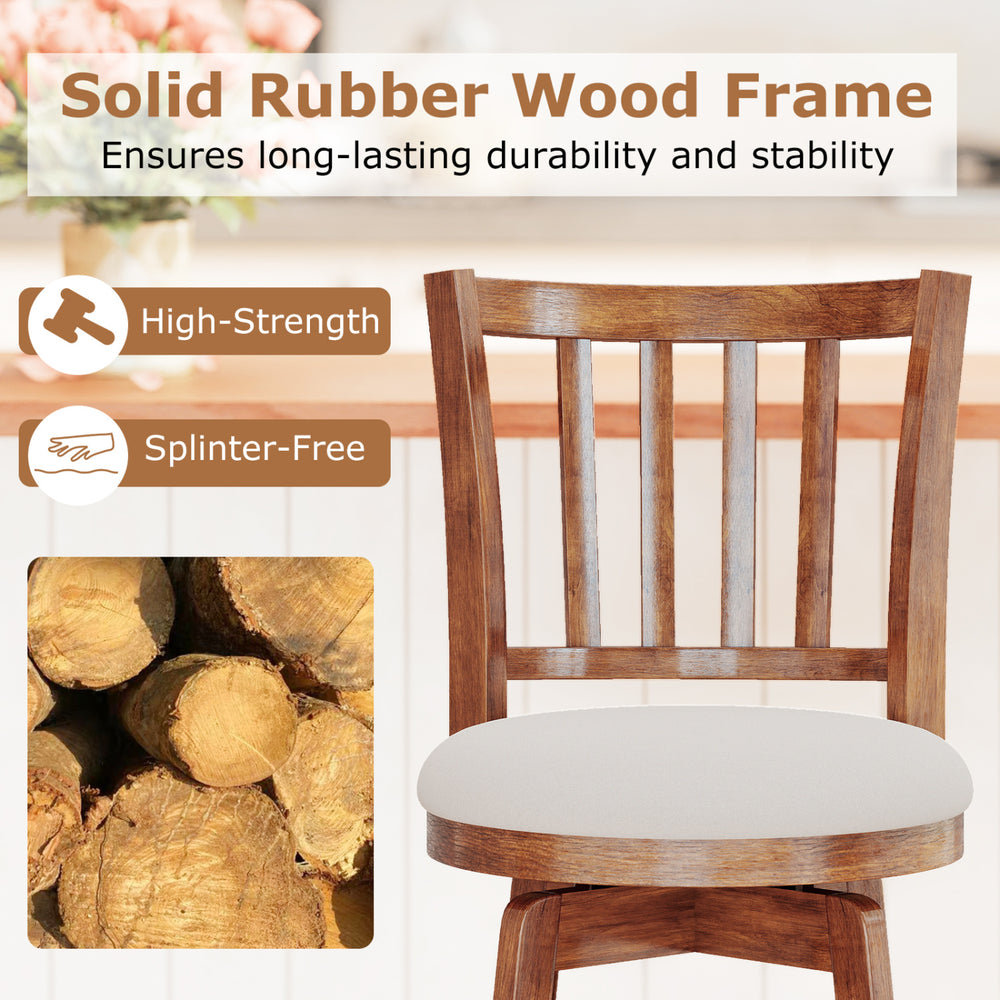 Solid rubber wood frame of a 360° rotating counter height chair, ensuring durability and stability for kitchen use.
