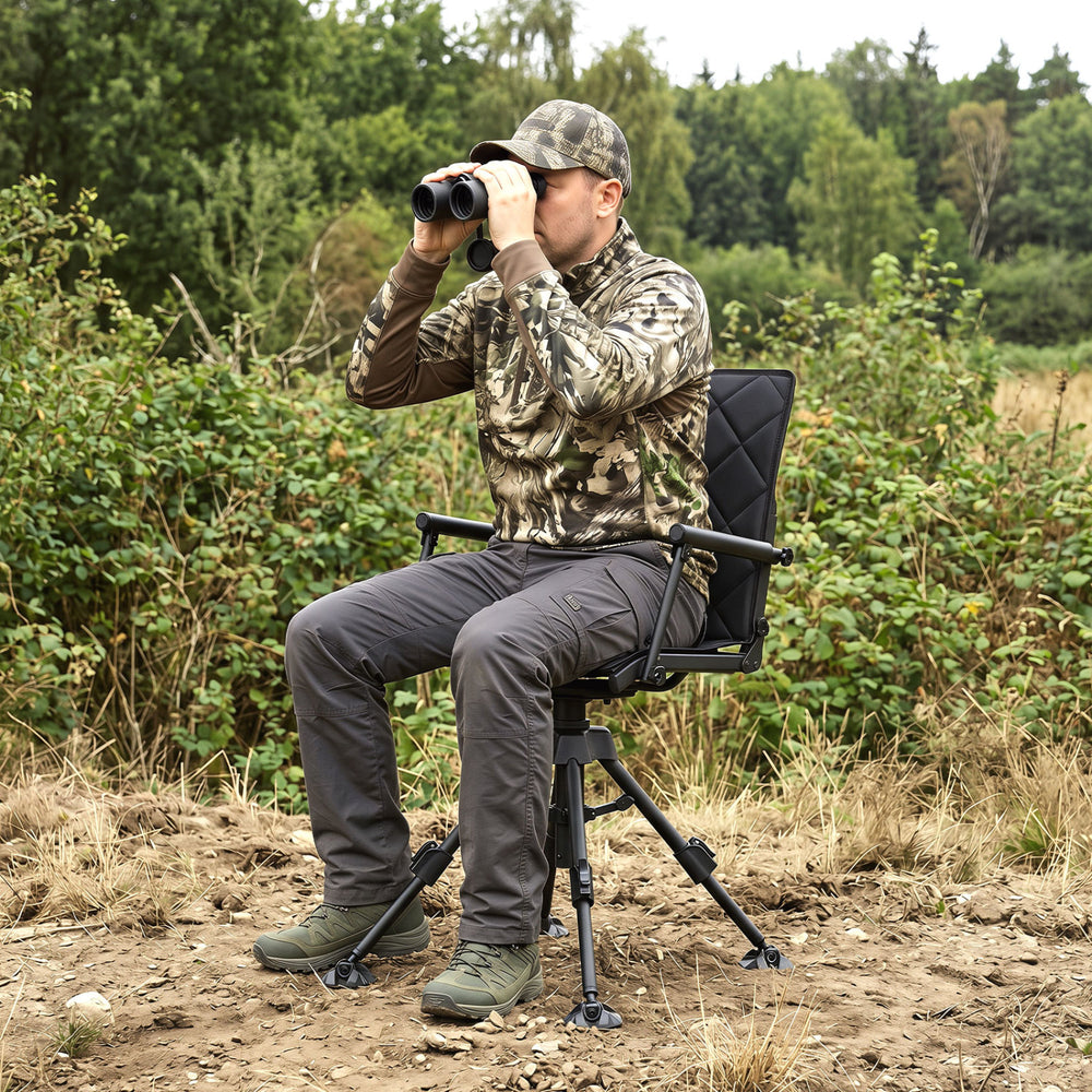 360° swivel hunting seat with inclined backrest and detachable cushion, ideal for long hours of outdoor observation.