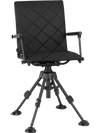 360° silent swivel hunting seat in black with adjustable height, padded armrests, and durable metal construction for outdoor use.