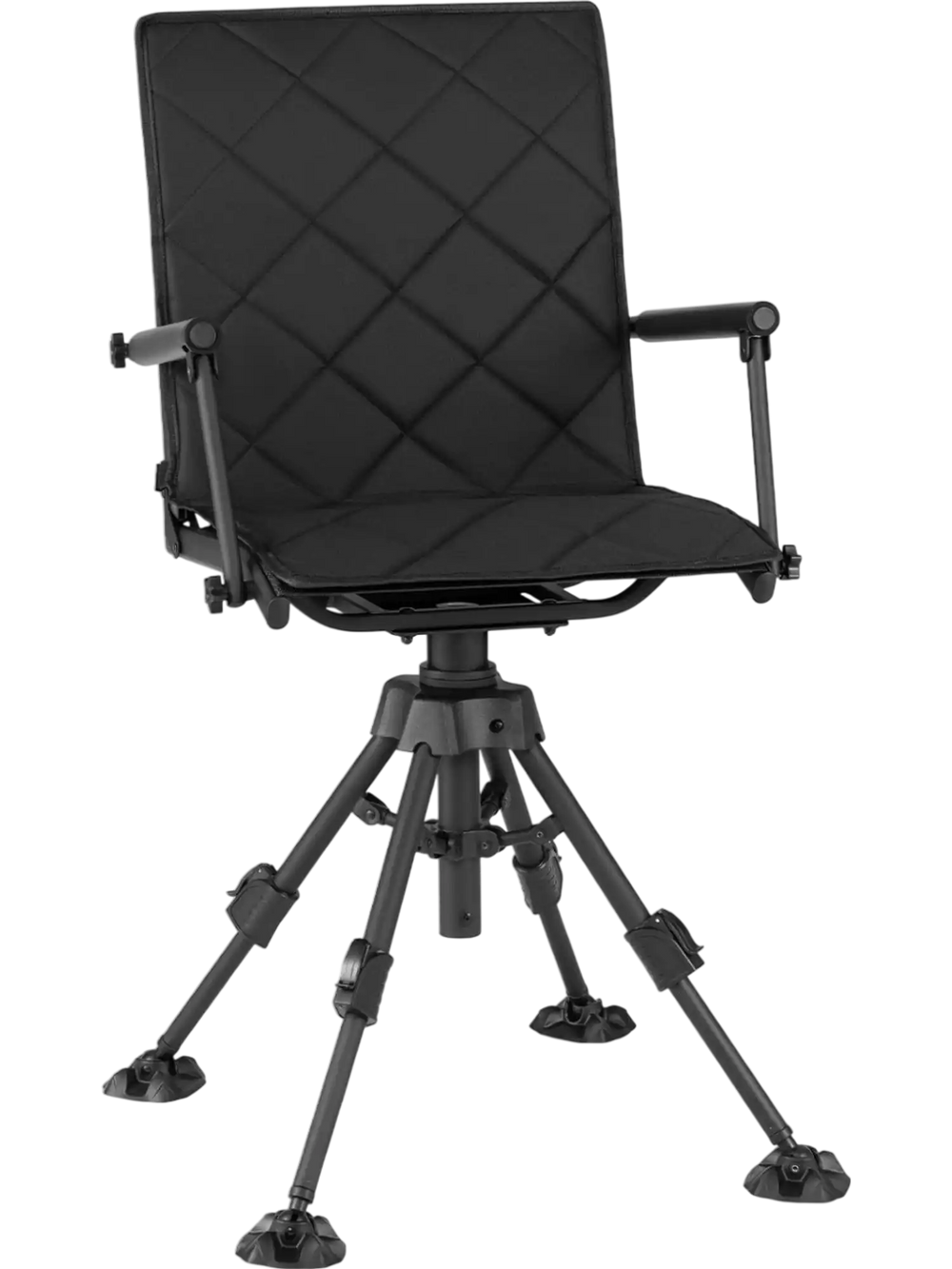 360° silent swivel hunting seat in black with adjustable height, padded armrests, and durable metal construction for outdoor use.