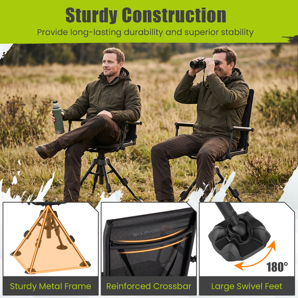 360° silent swivel hunting seat with sturdy metal frame, adjustable height, and soft padded armrests for outdoor comfort.