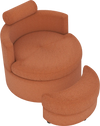 Light brown 360° swivel accent chair with half moon storage ottoman, featuring comfy backrest and hidden storage.