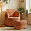 Light brown 360° swivel accent chair with curved armrests and half moon storage ottoman, ideal for living rooms or.