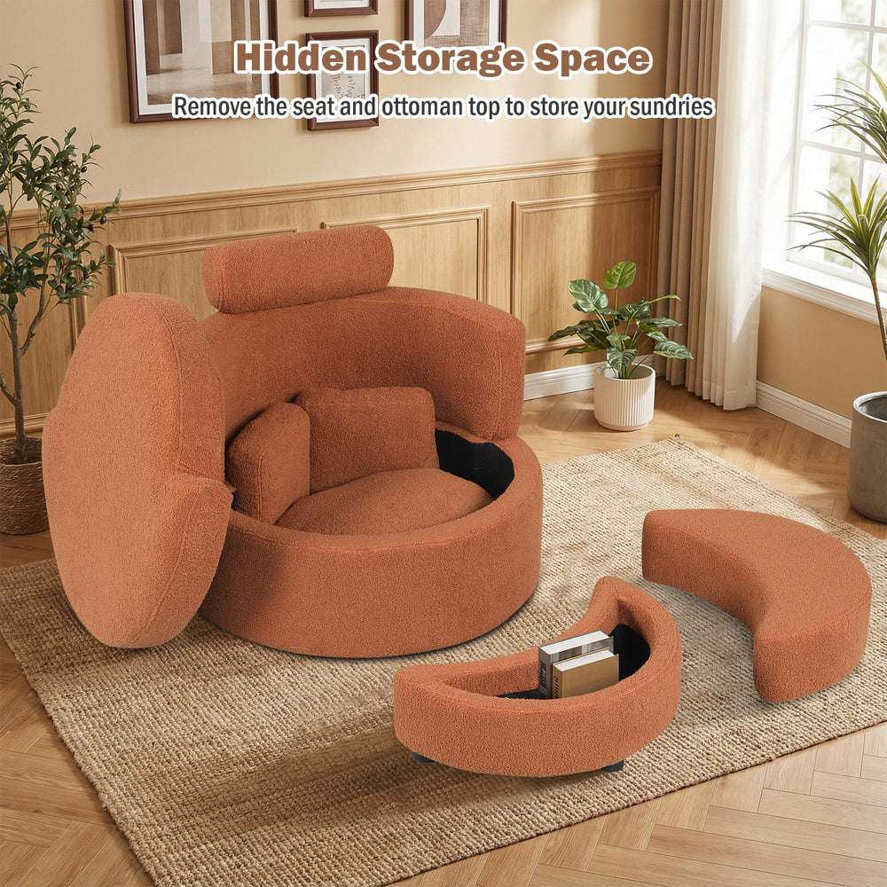 360° swivel accent chair in light brown with hidden storage ottoman, perfect for living rooms and bedrooms.