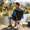 360° swivel camping chair in blue with a cup holder and side pocket, perfect for fishing and outdoor activities.