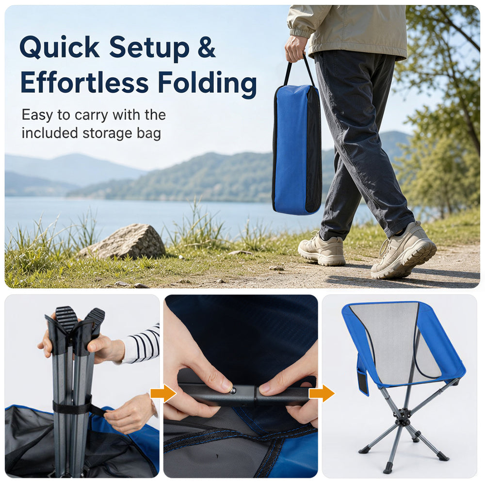 360° swivel camping chair in blue with cup holder, side pocket, and lightweight aluminum frame for outdoor activities.