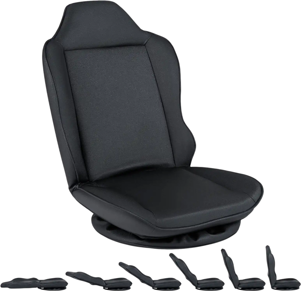 Black 360° swivel floor gaming chair with adjustable backrest for ergonomic support and easy maintenance.