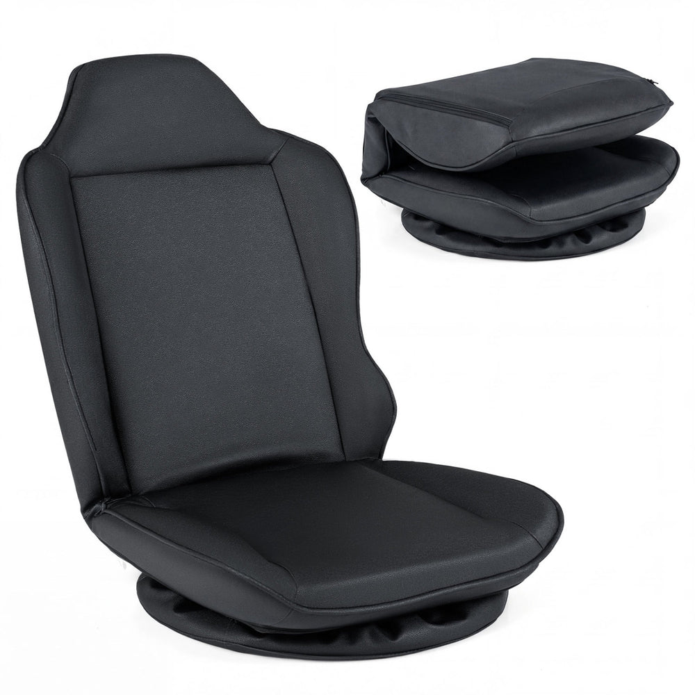 360° swivel floor gaming chair in black with adjustable backrest for ergonomic support and easy maintenance.