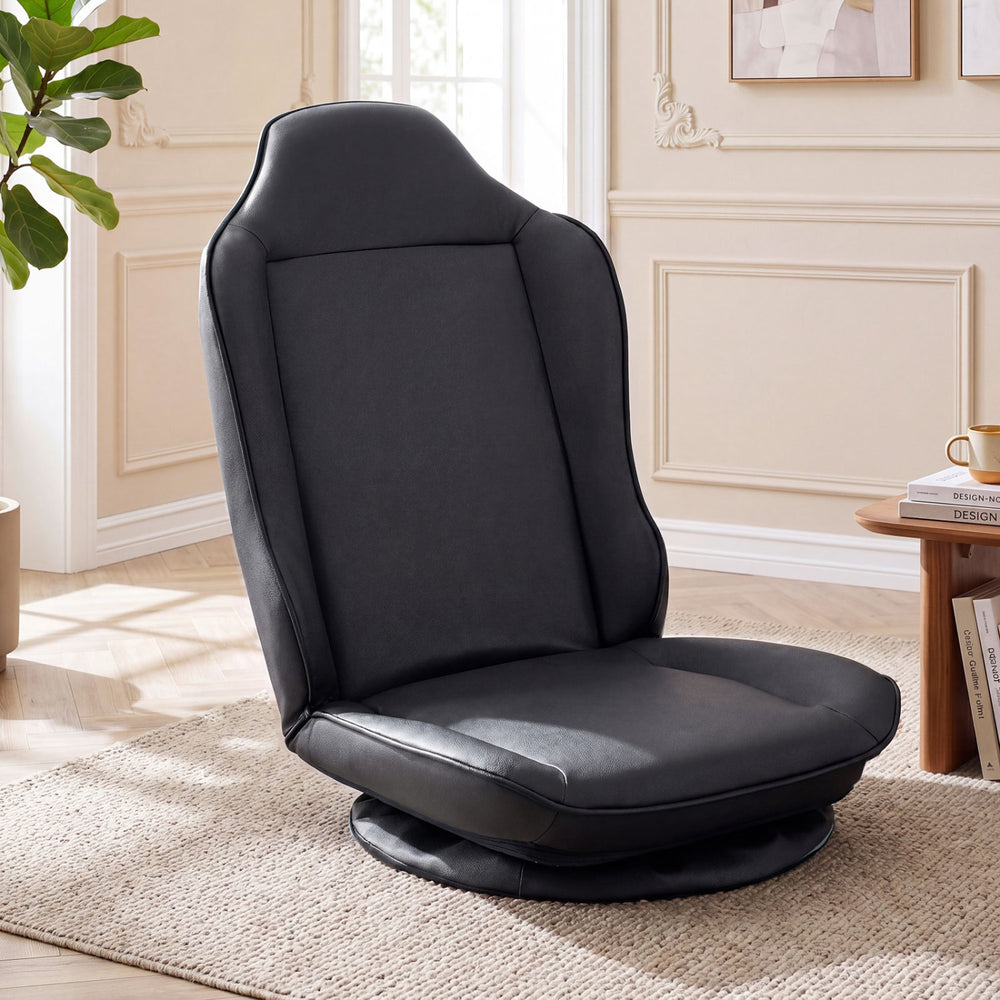 360° swivel floor gaming chair in black with adjustable backrest for ergonomic comfort and easy maintenance.