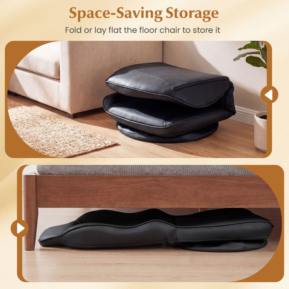 Stacked black cushions of the 360° swivel floor gaming chair, showcasing space-saving storage under a couch.