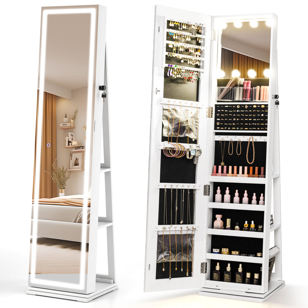 360° swivel freestanding jewelry cabinet with lighted full-length mirror, featuring ample storage for jewelry and.