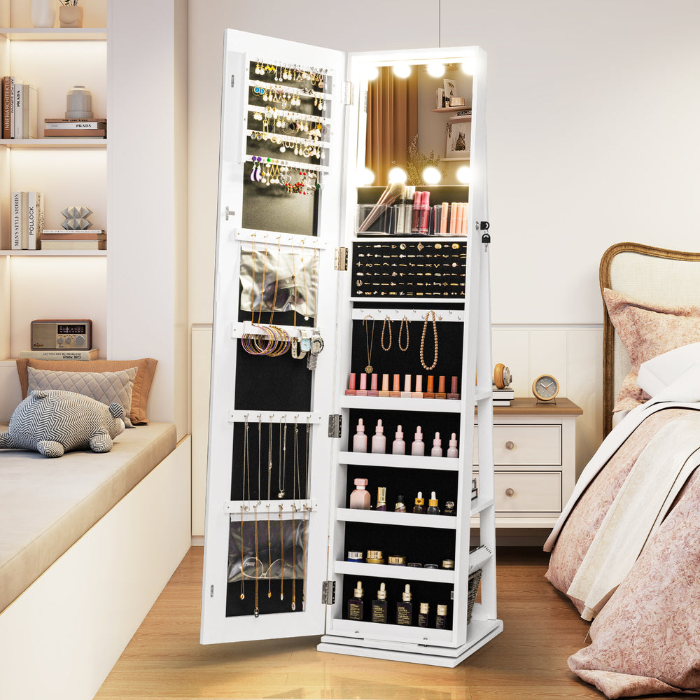360° swivel jewelry cabinet with LED lighted full-length mirror, featuring ample storage for jewelry and cosmetics.