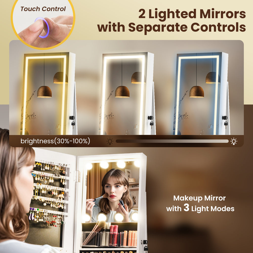 360° swivel freestanding jewelry cabinet with lighted full-length mirror and open storage shelves for cosmetics and.