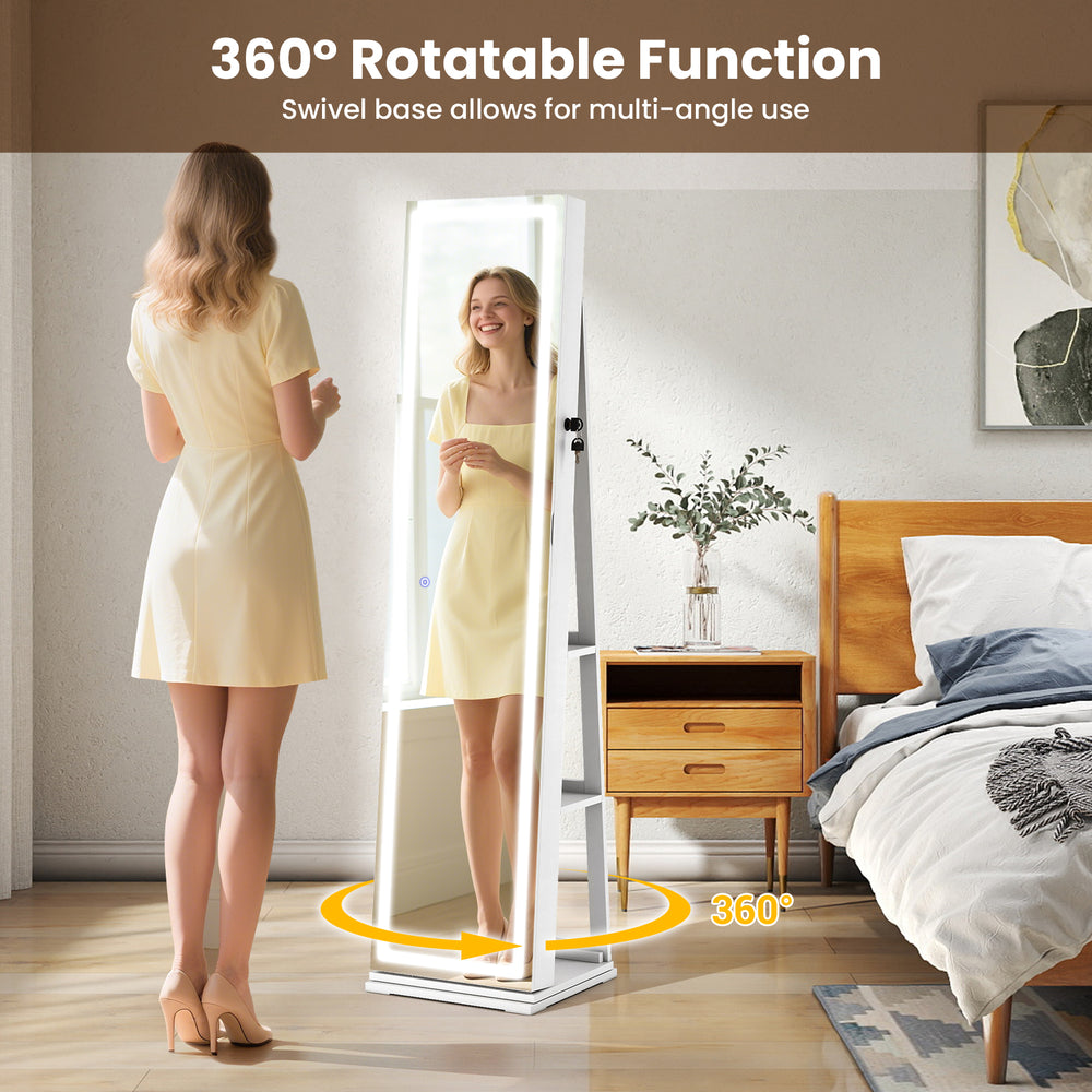 Full-length mirror with LED lights and 360° swivel base, featuring open storage for jewelry and cosmetics.