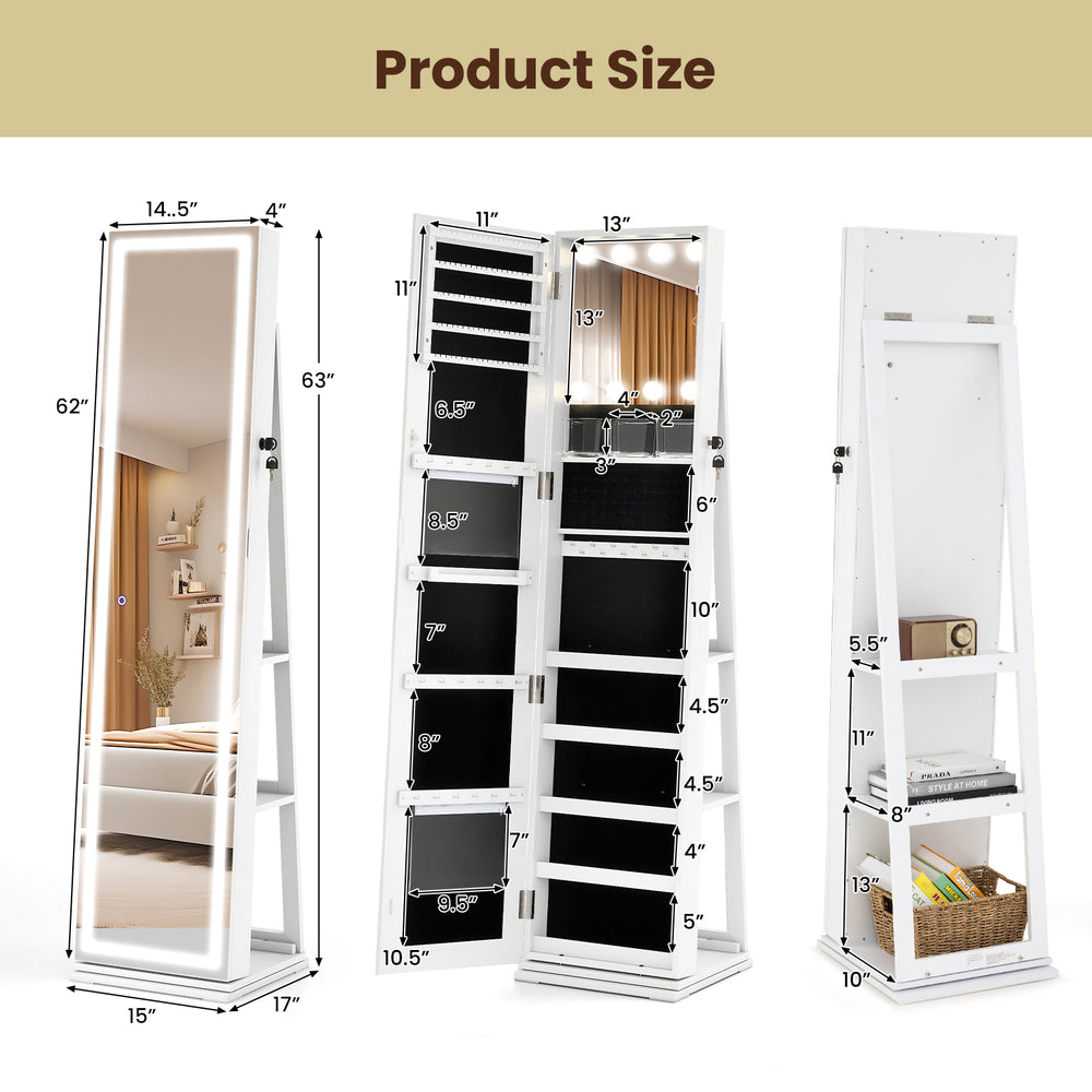 360° swivel freestanding jewelry cabinet with lighted full-length mirror, open storage shelves, and secure magnetic.