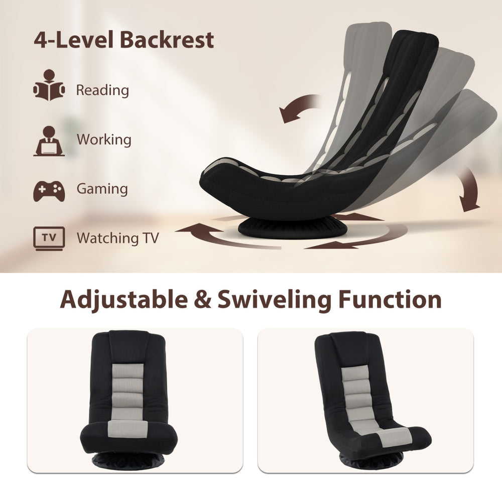360° swivel gaming chair in black and gray with a 4-position adjustable backrest for versatile lounging and gaming.