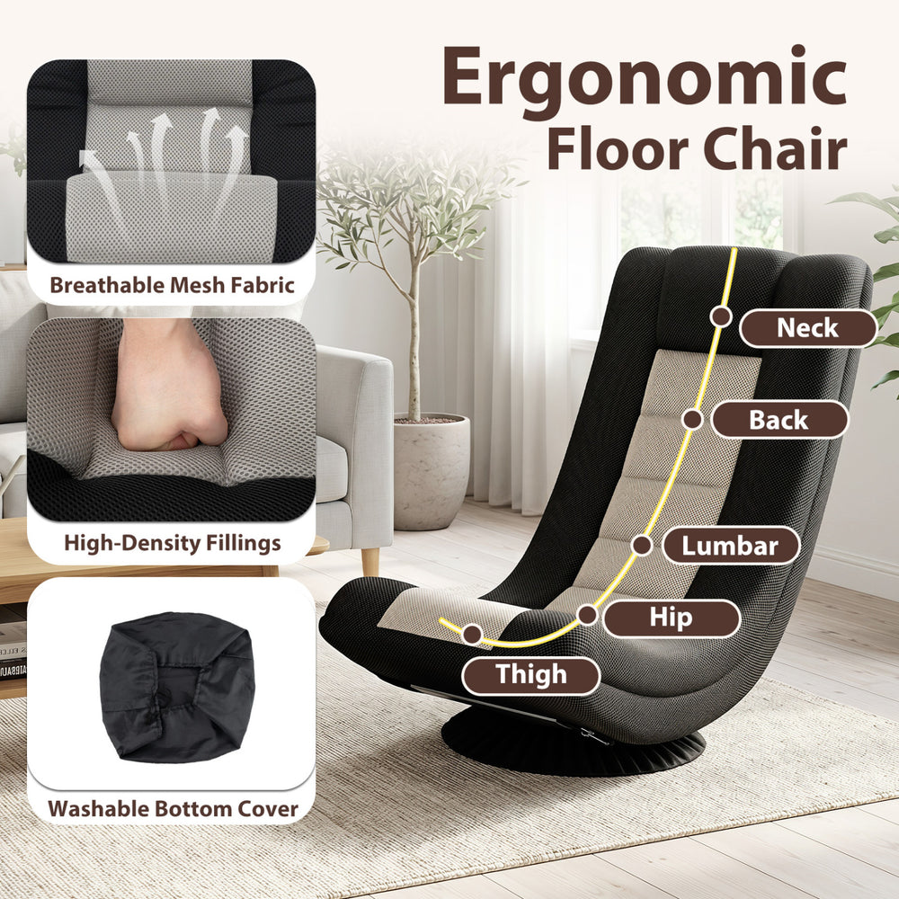 Ergonomic 360° swivel gaming chair in black and gray with adjustable backrest, breathable mesh fabric, and high-density fillings.
