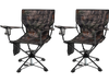 Set of 2 portable foldable camo hunting chairs with 360° swivel seats and sturdy metal frames for outdoor activities.