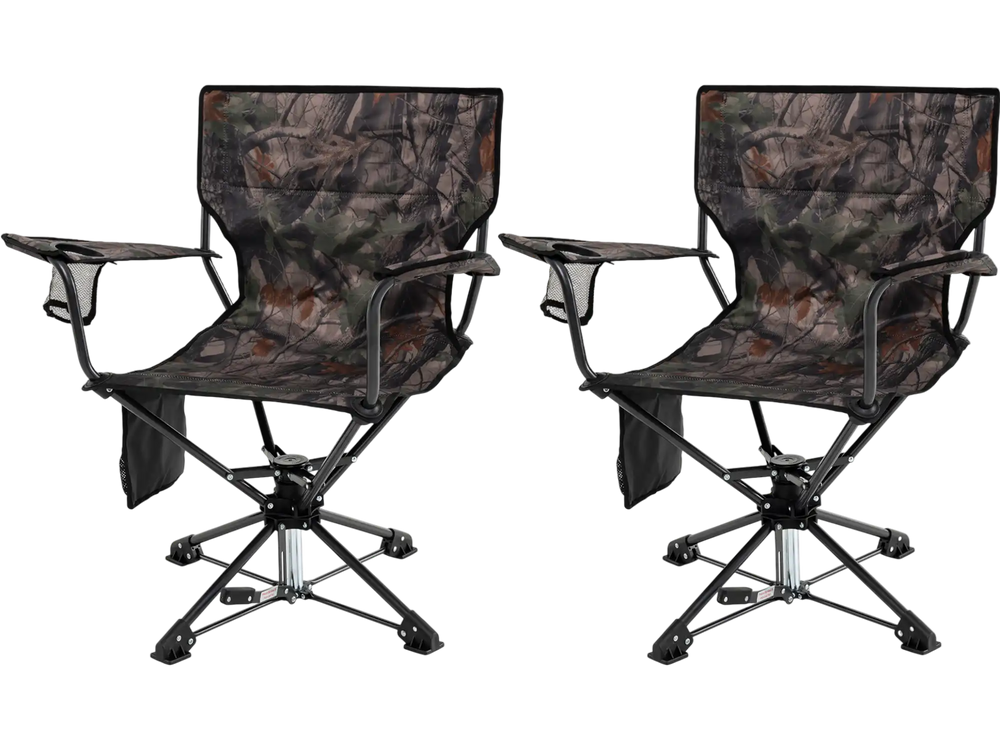 Set of 2 portable foldable camo hunting chairs with 360° swivel seats and sturdy metal frames for outdoor activities.