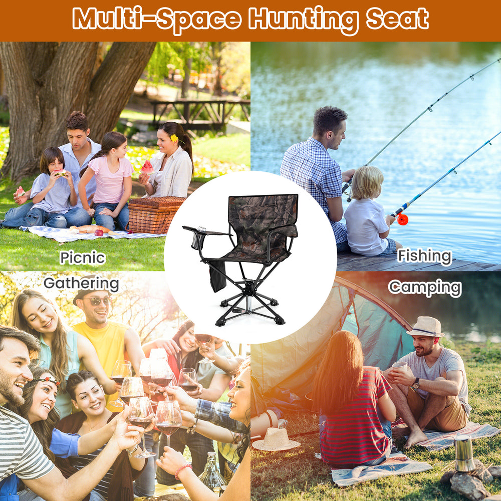 360° swivel camo hunting chair set of 2 with armrests, portable for camping, fishing, and outdoor gatherings.