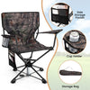Portable foldable hunting chair with 360° swivel seat, camo fabric, cup holder, and side storage pockets for outdoor.