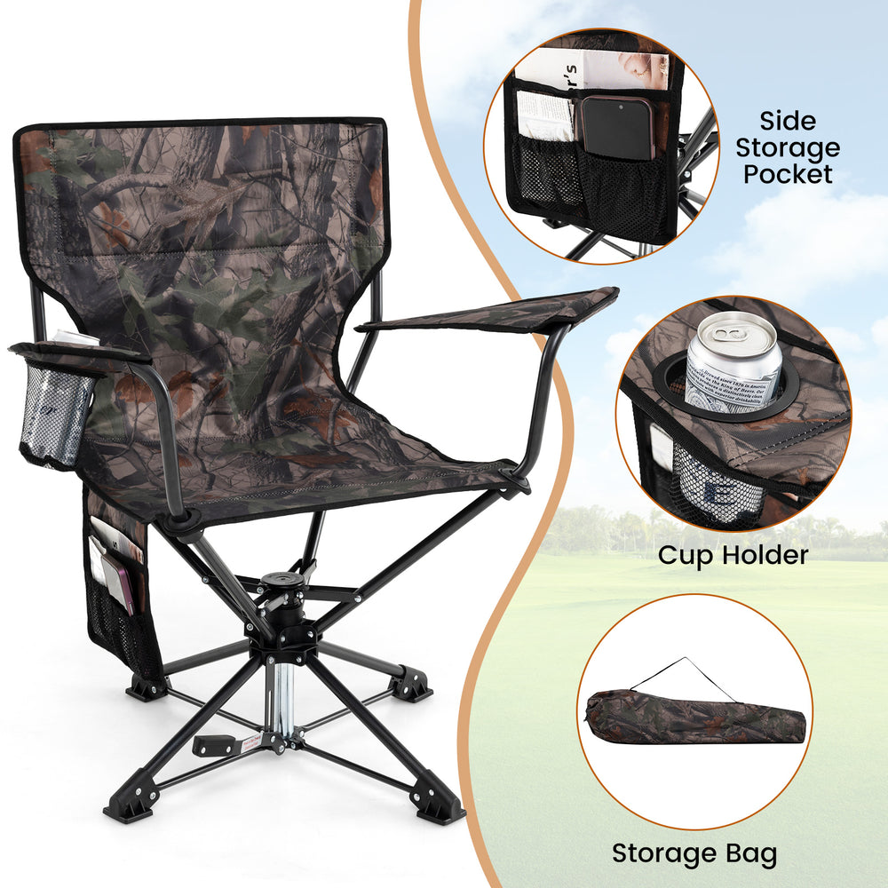 Portable foldable hunting chair with 360° swivel seat, camo fabric, cup holder, and side storage pockets for outdoor.