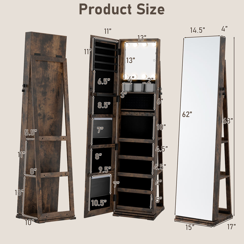 360° swivel jewelry cabinet in rustic brown with full-length mirror, open shelves, and LED makeup mirror for easy.