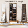 360° swivel jewelry cabinet in rustic brown with full-length mirror, open storage shelves, and LED makeup mirror.