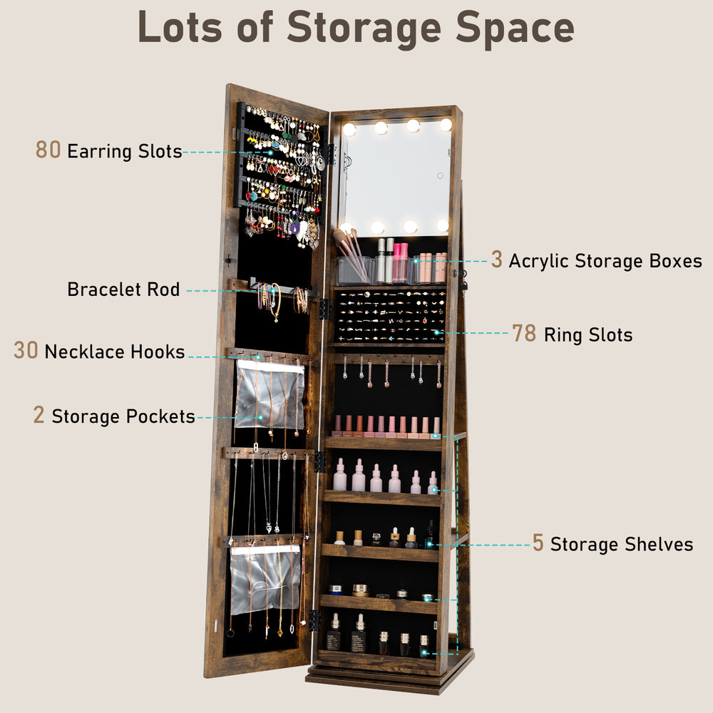 360° swivel jewelry cabinet in rustic brown with full-length mirror, featuring ample storage for jewelry and cosmetics.