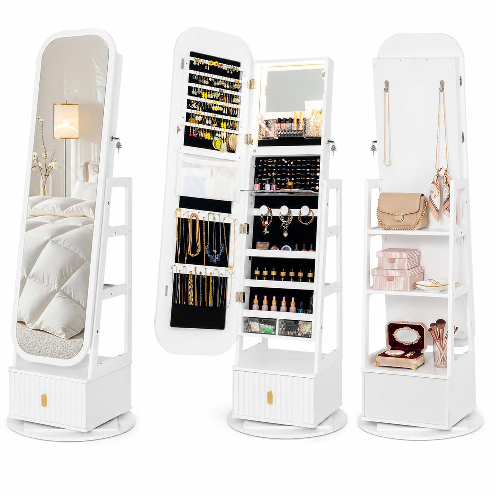 360° swivel jewelry cabinet in white features a full-length mirror, storage hooks, and shelves for versatile organization.
