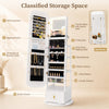 360° swivel jewelry cabinet in white with full-length mirror, dual hooks, and multiple storage options for organized accessories.