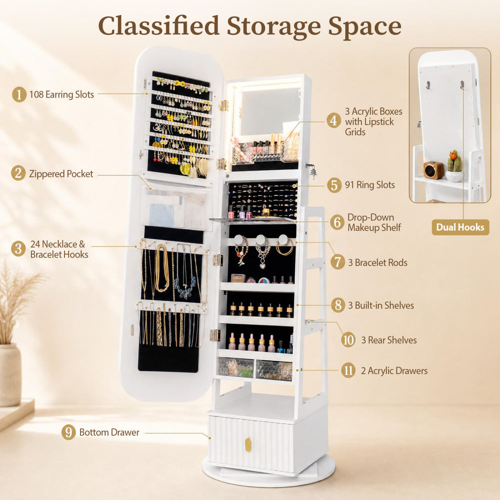 360° swivel jewelry cabinet in white with full-length mirror, dual hooks, and multiple storage options for organized accessories.