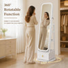 Full-length mirror jewelry cabinet with 360° swivel base, dual hooks, and built-in lights for convenient access and storage.