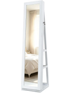 Full-length mirror with 360° swivel design and jewelry storage, featuring 98 earring slots and 5-tier shelf for essentials.