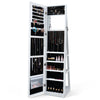 360° swivel jewelry cabinet in white features a full-length mirror, multiple storage slots for accessories, and a 5-tier shelf.