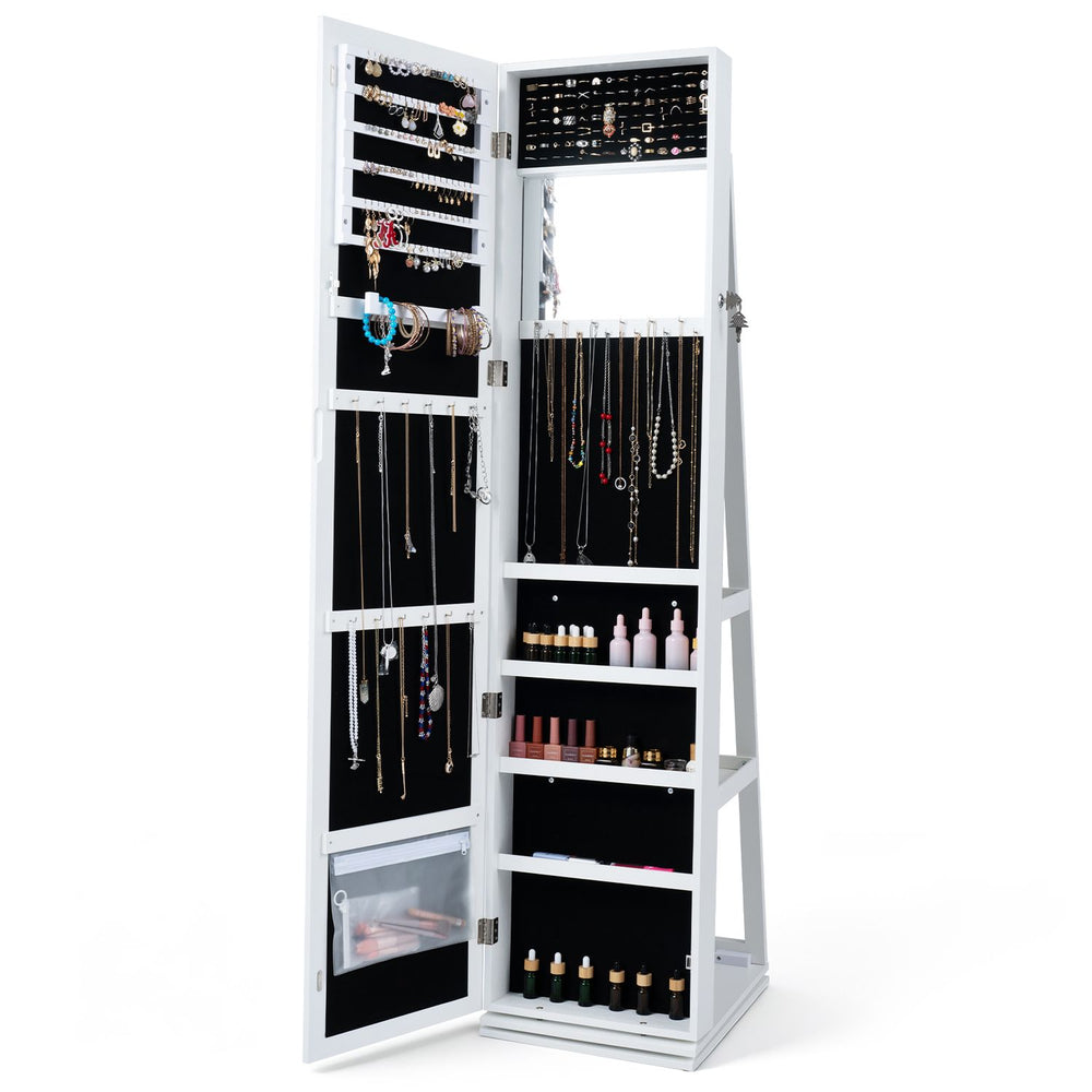 360° swivel jewelry cabinet in white features a full-length mirror, multiple storage slots for accessories, and a 5-tier shelf.