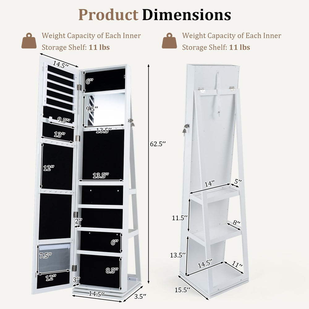 360° swivel jewelry cabinet in white features a full-length mirror, 98 earring slots, and 5-tier storage for accessories.