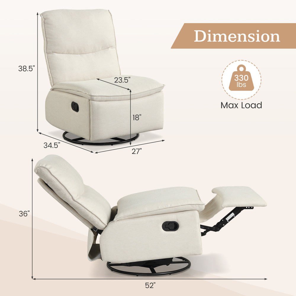 Beige 360° swivel rocking chair with cushioned back, adjustable footrest, and sturdy metal frame for living room.