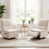 Beige 360° swivel rocking chairs with cushioned backs, featuring adjustable footrests for living room comfort.