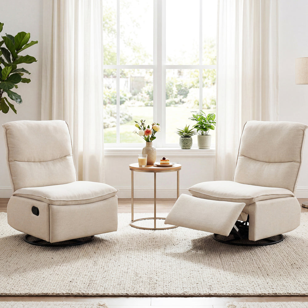 Beige 360° swivel rocking chairs with cushioned backs, featuring adjustable footrests for living room comfort.