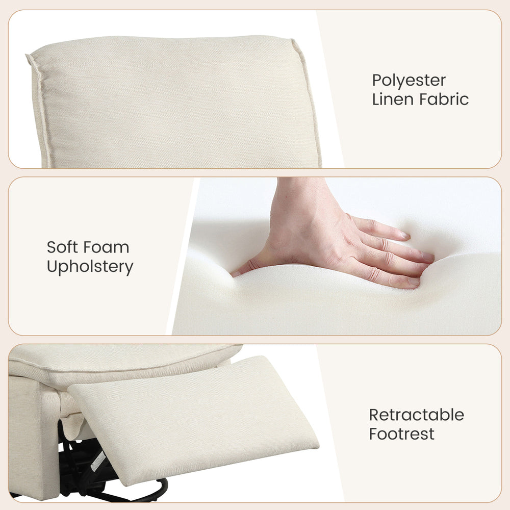 Close-up of the beige 360° swivel rocking chair's soft foam upholstery and retractable footrest for living room comfort.