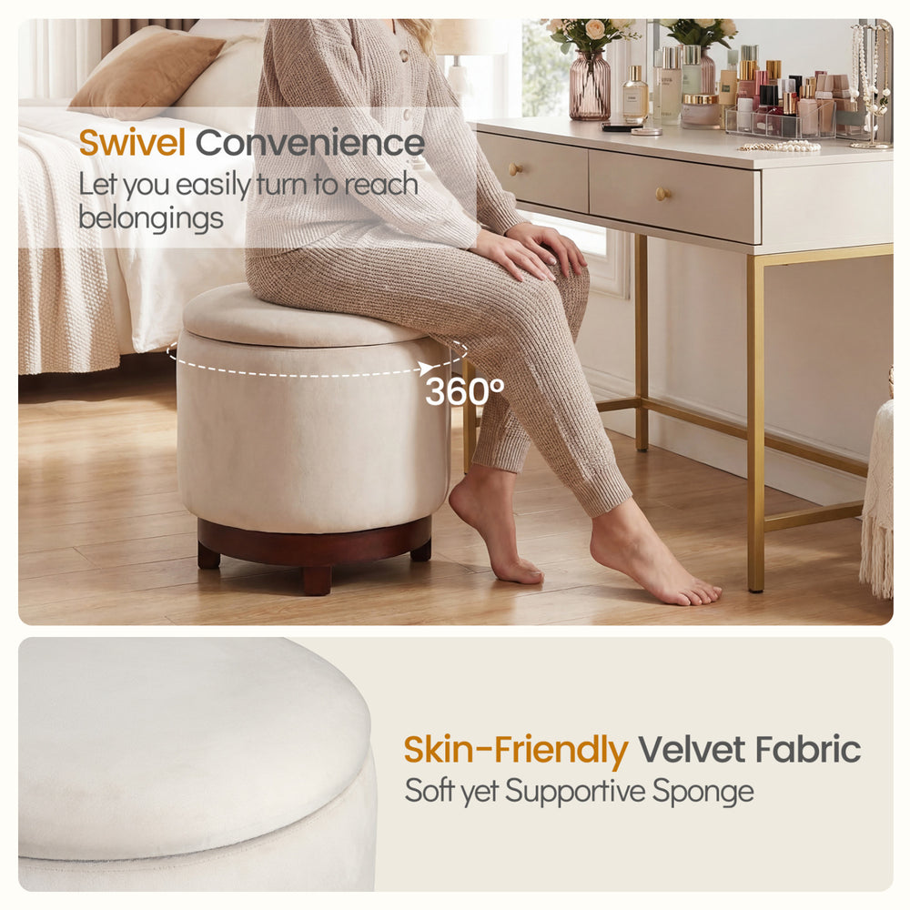 Beige 360° swivel velvet footrest with hidden storage, featuring a sturdy acacia wood frame for versatile living room.