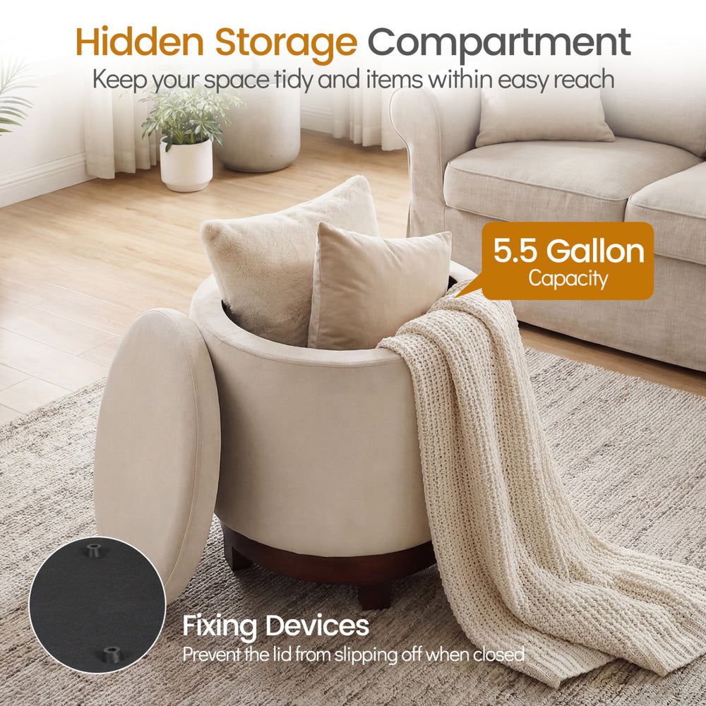 Beige 360° swivel velvet foot rest with hidden storage compartment and 5.5-gallon capacity for living room organization.
