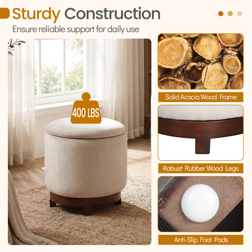 360° swivel velvet foot rest in beige with hidden storage, solid acacia wood frame, supports 400 lbs, ideal for living.